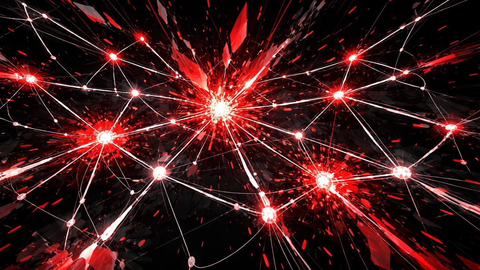 Rede digital de nós fragmentando em explosão vermelha cascata, simbolizando US$ 16 bilhões liquidados no massacre cripto