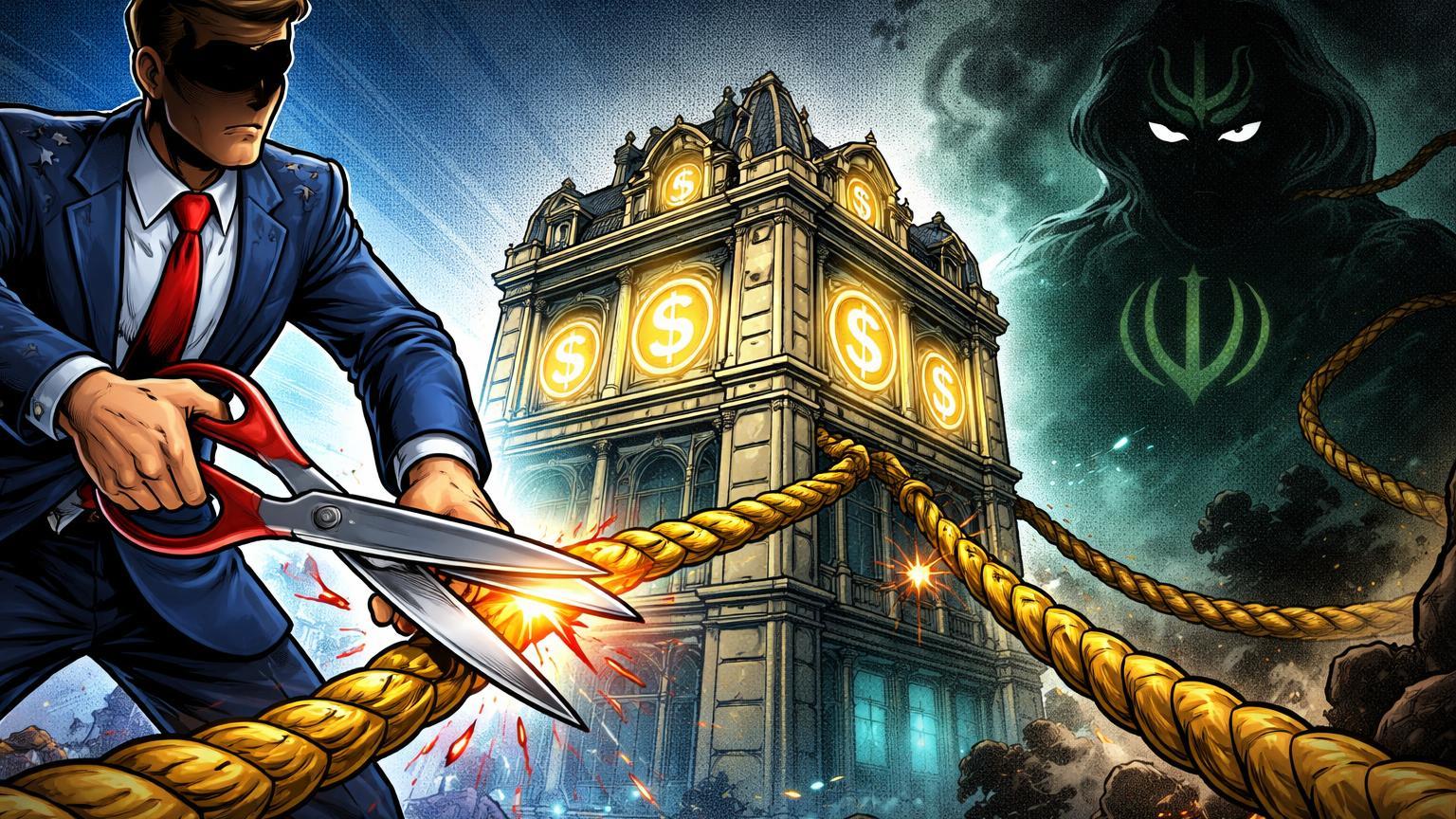 Regulador cartoon cortando cordas douradas ligando exchange a sombra escura, simbolizando sanções dos EUA por laços com Irã