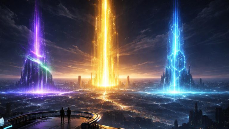 Paisagem futurista com três pilares de luz (dourado, roxo e azul) no horizonte, simbolizando a expansão dos ETFs de Bitcoin, Solana e Chainlink.