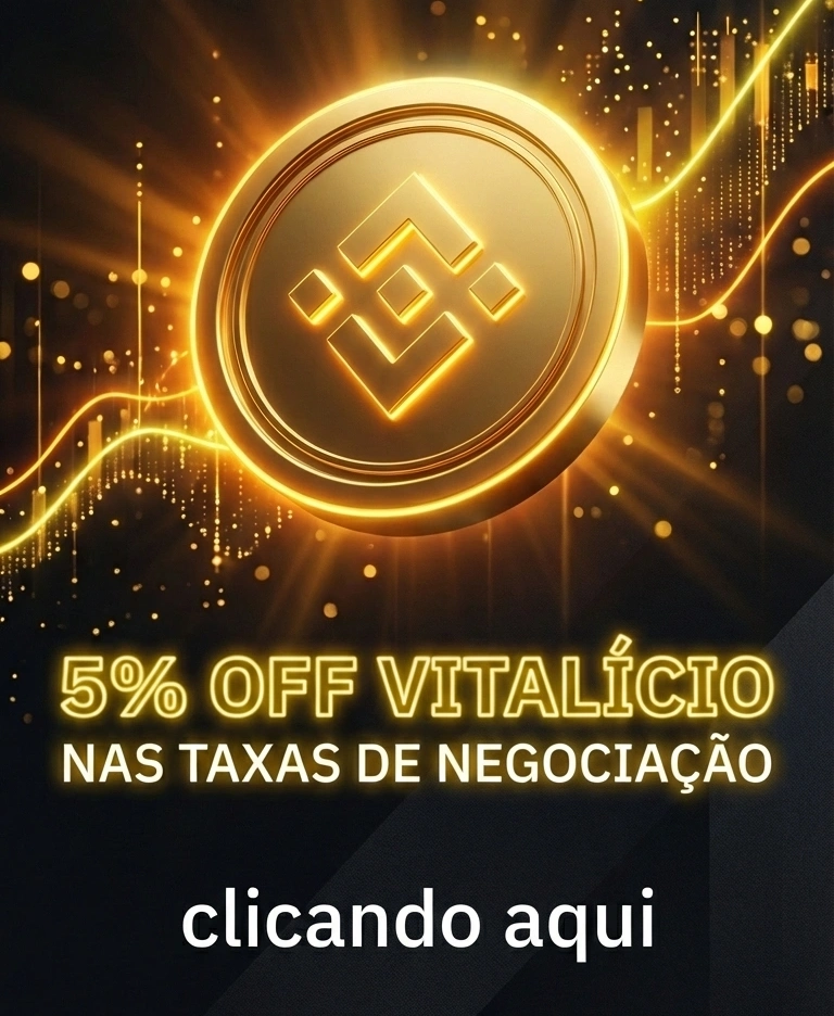 Banner promocional vertical da Binance com fundo escuro e estética tecnológica moderna. Ao centro, uma moeda dourada 3D com o logotipo da Binance brilha intensamente, cercada por linhas de gráficos financeiros ascendentes em neon amarelo. Abaixo da moeda, o texto em destaque diz: '5% OFF VITALÍCIO NAS TAXAS DE NEGOCIAÇÃO'. Na parte inferior, a chamada para ação: 'clicando aqui'.