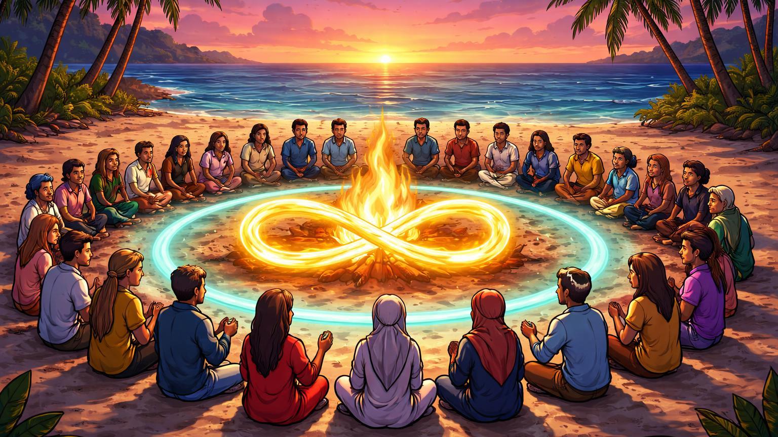 Círculo de representantes cartoon de 29 nações ao redor de fogueira dourada circular na praia, celebrando summit de economia Bitcoin em El Salvador