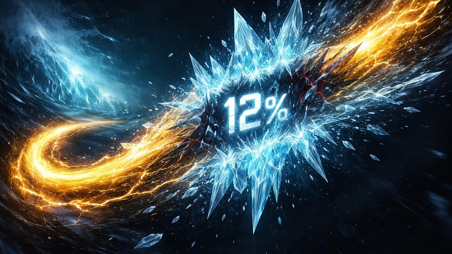 Fluxo de energia dourada do hashrate Bitcoin congelado por cristais de gelo em tempestade cyberpunk, simbolizando queda de 12% por inverno nos EUA