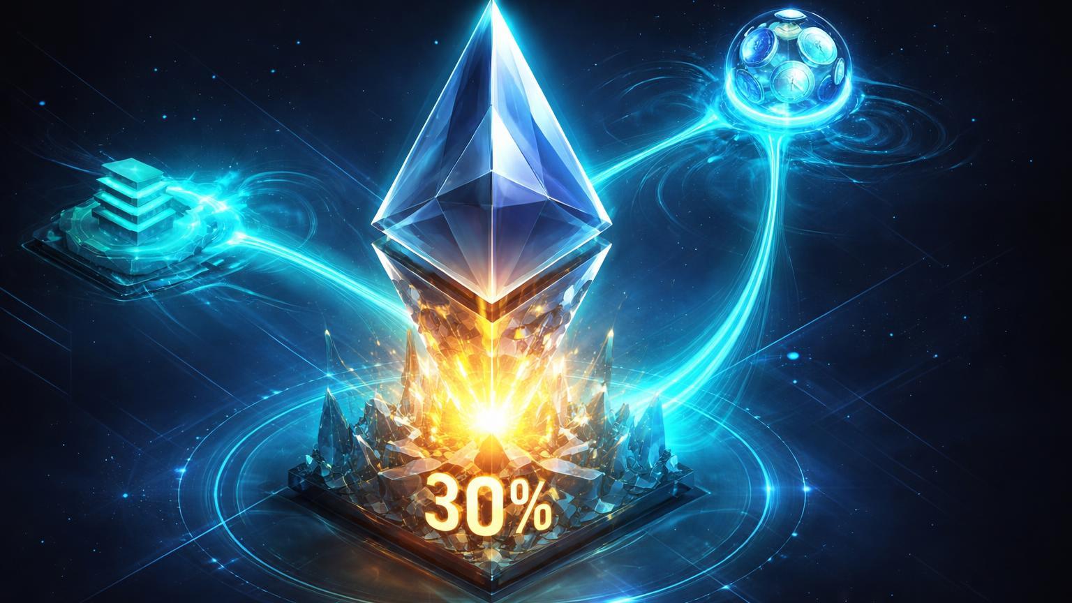 Núcleo cristalino Ethereum com 30% em staking glowing dourado, fluxos cyan expandindo para nós Solana e Avalanche com stablecoins Visa