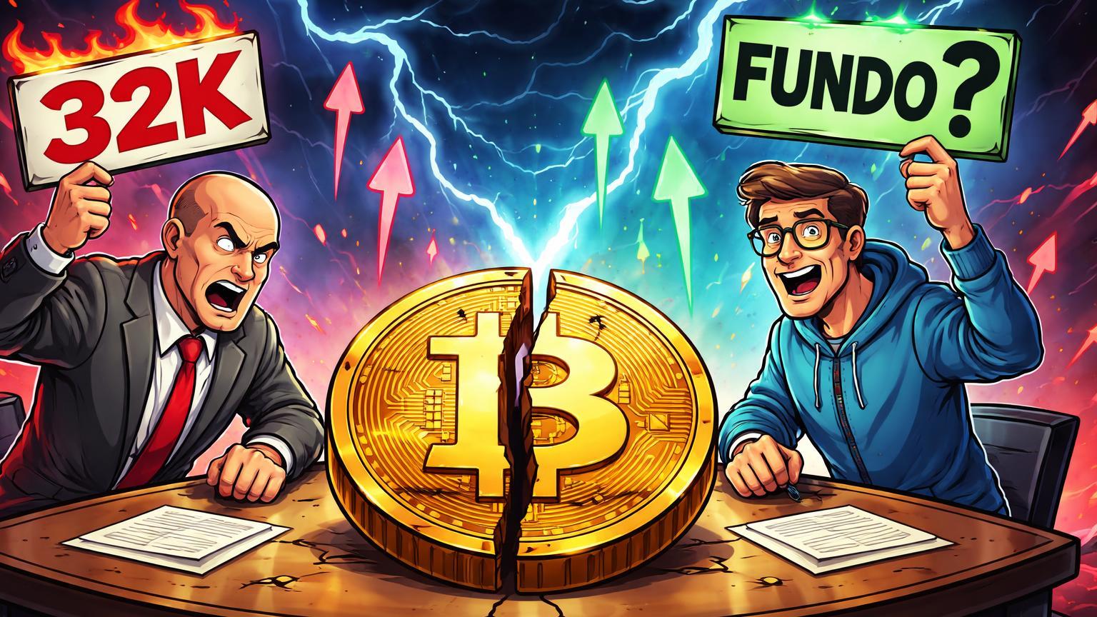 Dois analistas cartoon debatendo com placas 32K e 'FUNDO?', sobre Bitcoin rachado, ilustrando previsões opostas em bear market