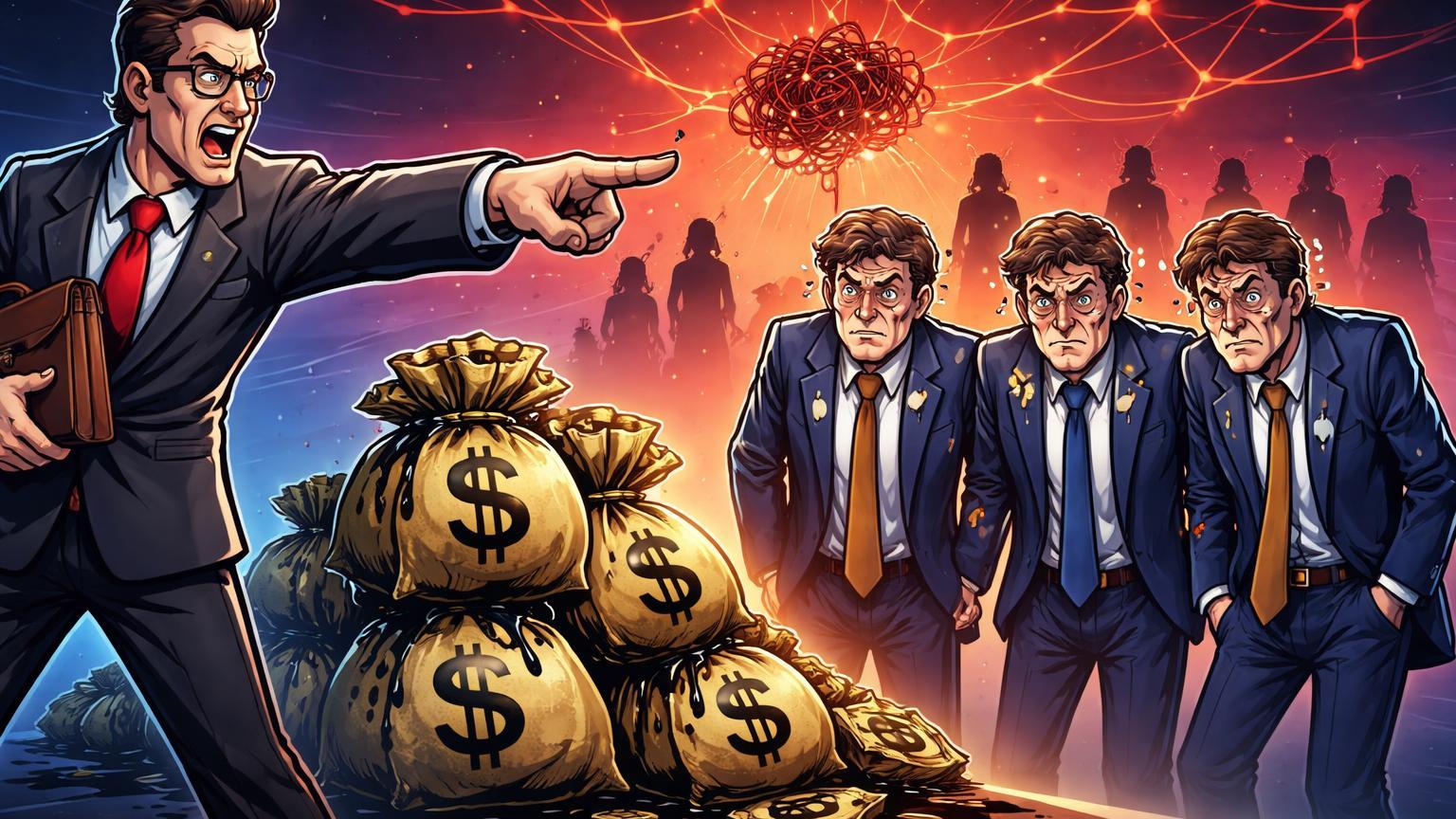 Promotor cartoon acusando executivos estilizados com pilha de dinheiro sujo e rede de fraudes, ilustrando justiça contra lavagem e insider trading