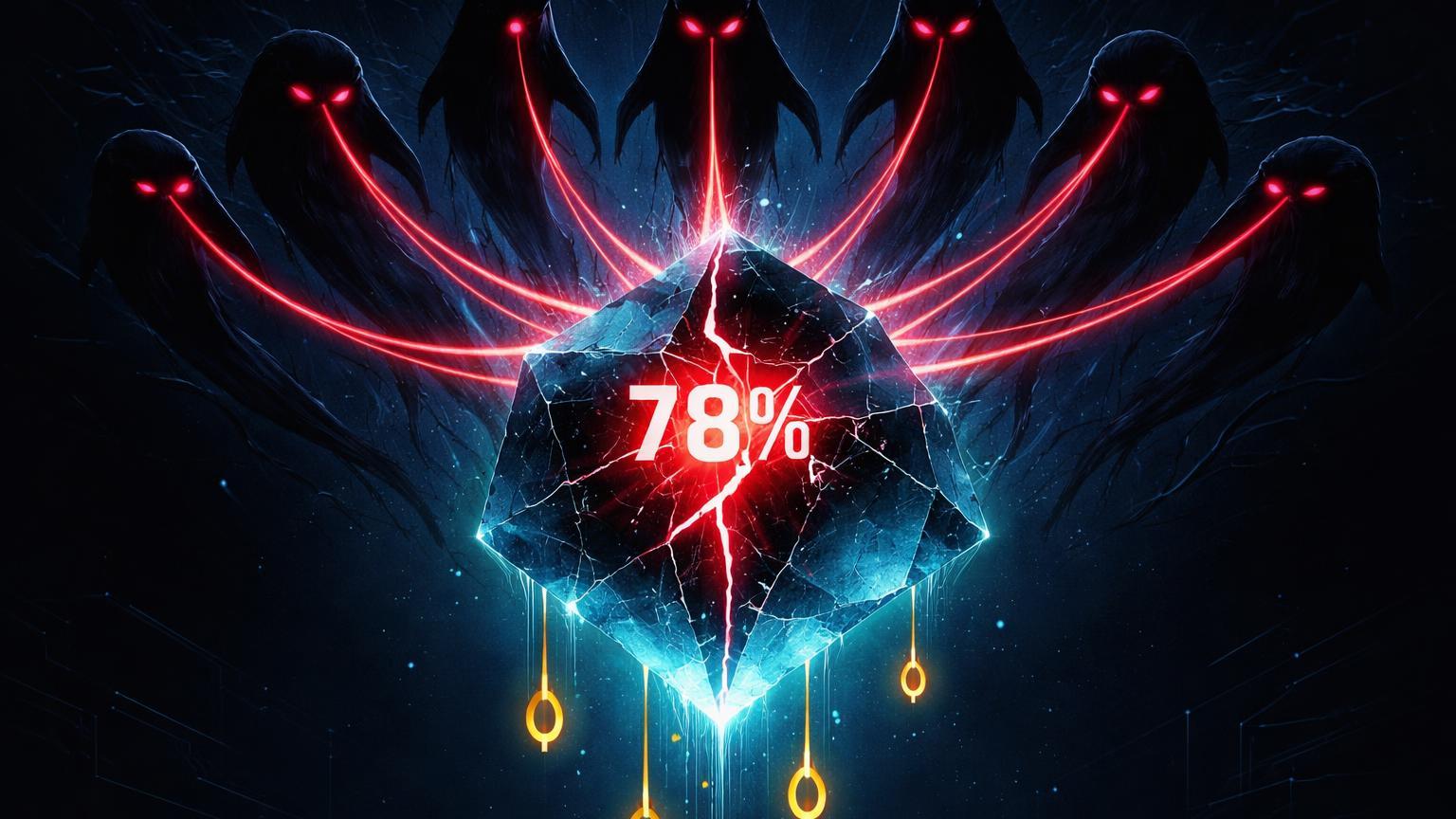 Seis silhuetas cyberpunk puxando estrutura cristalina rachada com 78%, ETH dourado vazando, expondo manipulacao de baleias no token ASTER