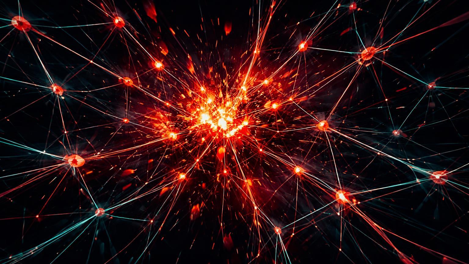 Rede neural digital fragmentando com explosões vermelhas em cascata, simbolizando liquidações de US$ 2,5 bi e crash no mercado cripto