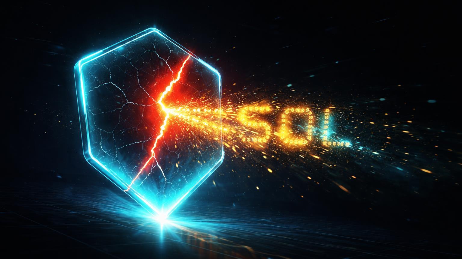 Escudo hexagonal cyan com rachadura vermelha vazando partículas SOL douradas, simbolizando hack de US$27M na Step Finance em Solana