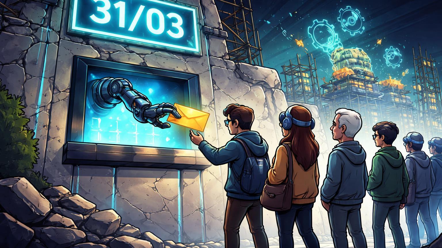 Fila de credores cartoon recebendo envelopes dourados de janela de reembolso em fortaleza digital com data 31/03, simbolizando próxima rodada de pagamentos da FTX