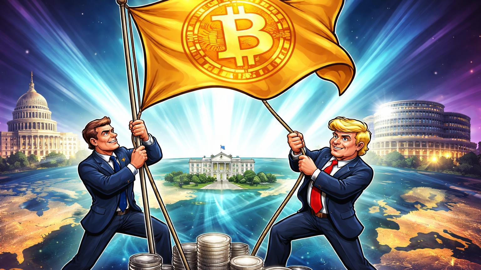 Políticos cartoon europeu da direita e Trump-inspired hasteando bandeira BTC sobre Atlântico, simbolizando adoção política de cripto na Europa e EUA
