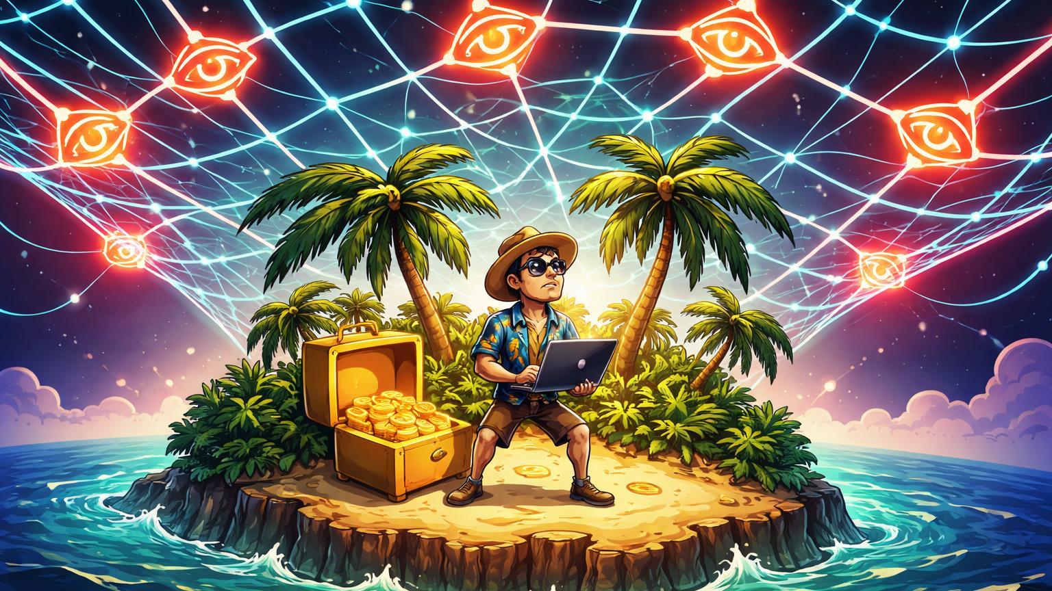 Ilha offshore paradisíaca com investidor cripto cartoon enredada por rede de transparência fiscal cyan e vermelha, sinalizando fim dos paraísos fiscais seguros