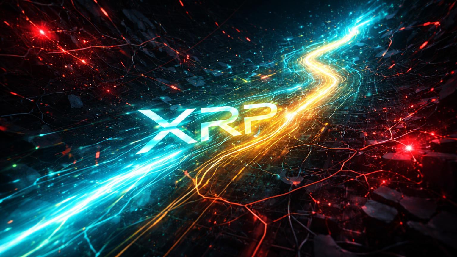 Rede cyberpunk em caos com caminho neon XRP pulsante e forte, simbolizando alta de 74% no volume durante correção do mercado cripto