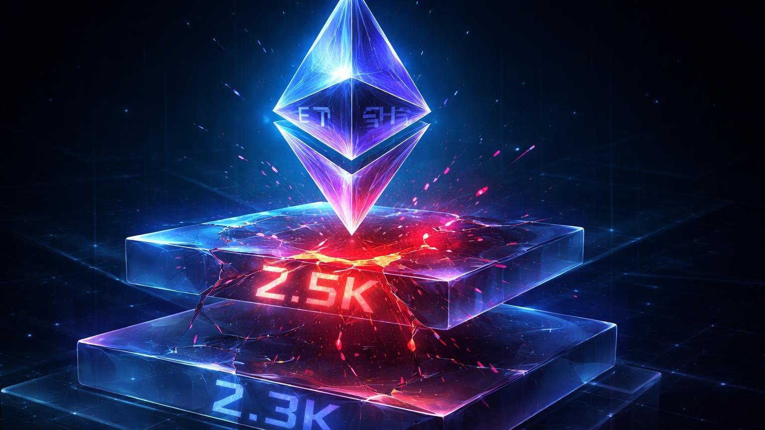 Prisma Ethereum translúcido sobre plataformas glassmorphism rachando em 2.5K, com cascata vermelha de partículas indicando suportes críticos e risco de liquidações
