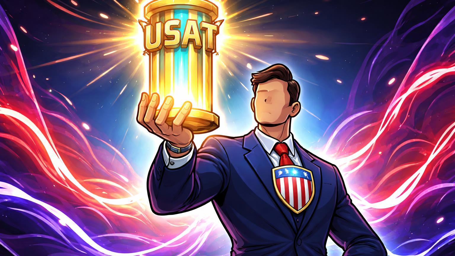 Banqueiro cartoon regulado emitindo stablecoin USAT ancorando ondas voláteis, simbolizando lançamento regulado e adoção institucional