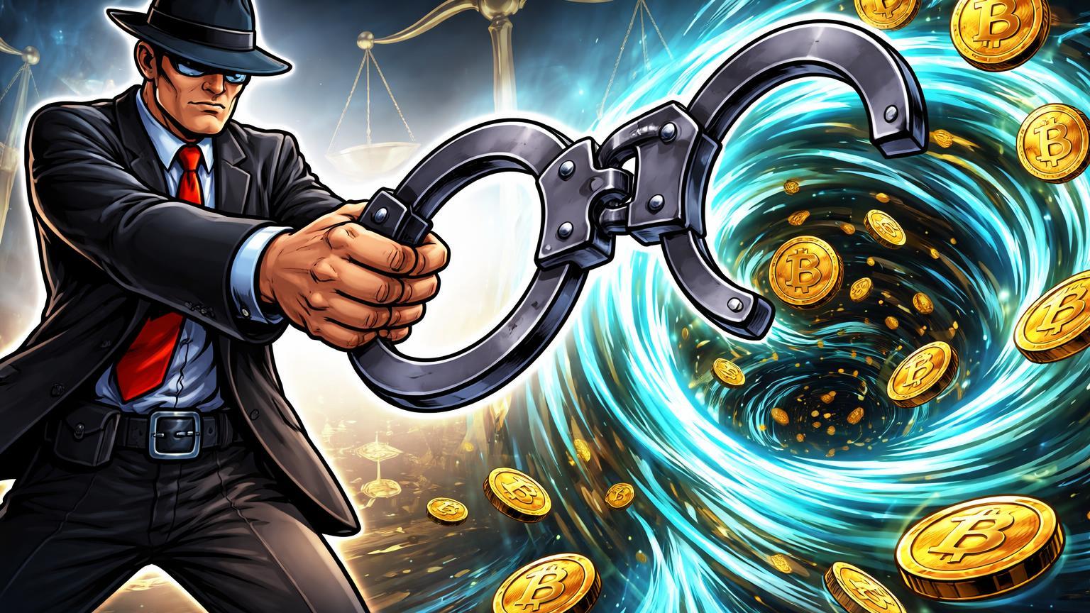 Agente federal cartoon algemando redemoinho de moedas Bitcoin misturadas, representando apreensão do DOJ de US$400 milhões do mixer Helix