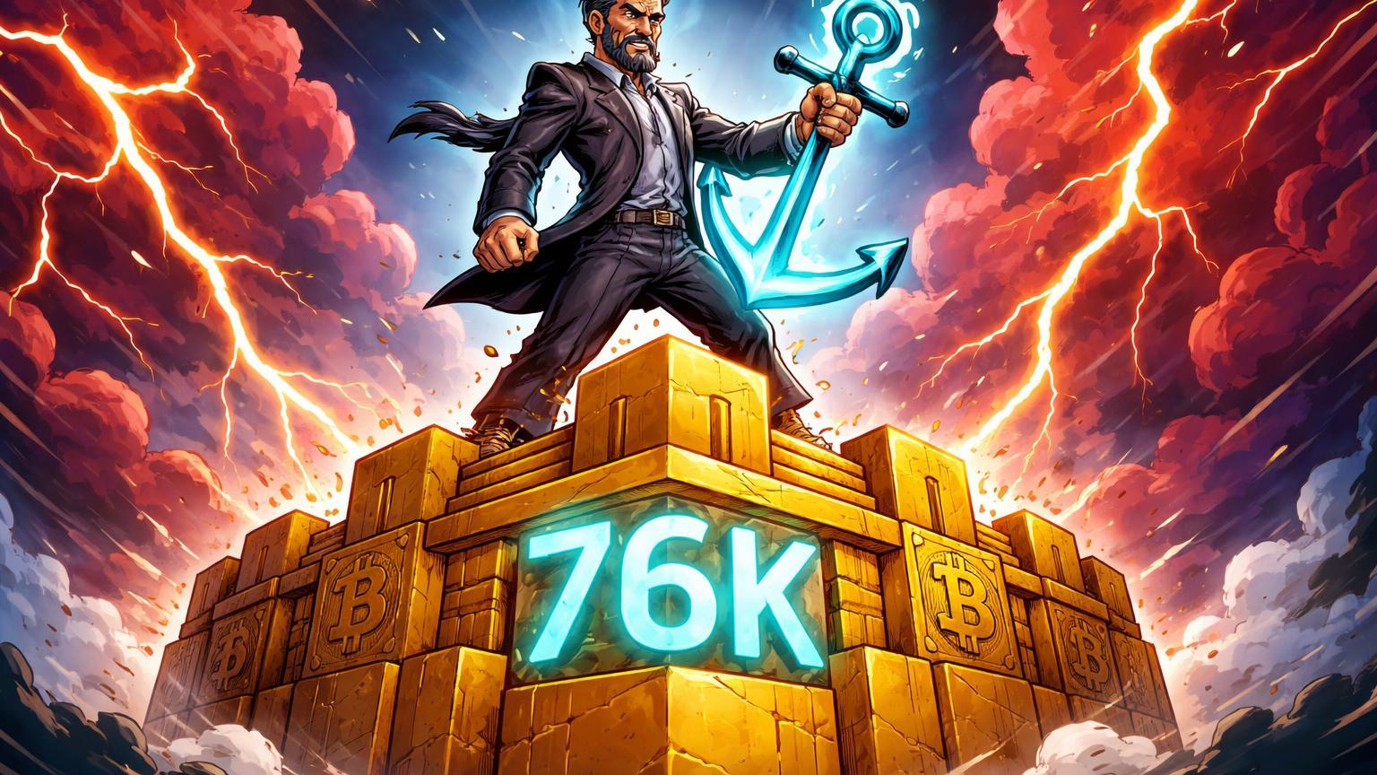 Personagem cartoon de Saylor como guardião resiliente em fortaleza BTC contra tempestade vermelha de liquidações, testando pressão em US$76k