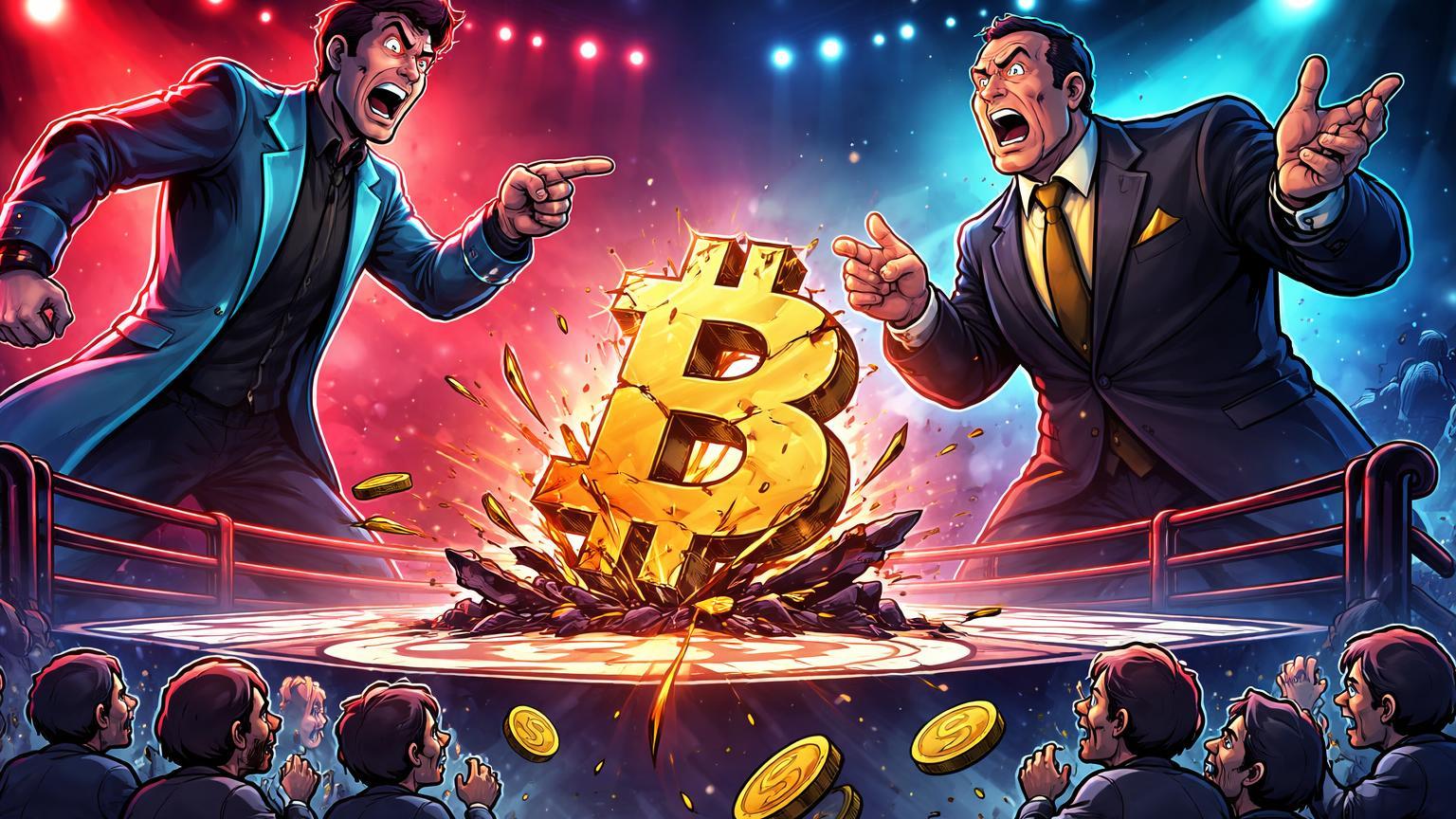 Gigantes cartoon de exchanges rivais confrontando-se em ringue rachado com Bitcoin caindo, investidores varejo sofrendo abaixo, expondo treta OKX vs Binance