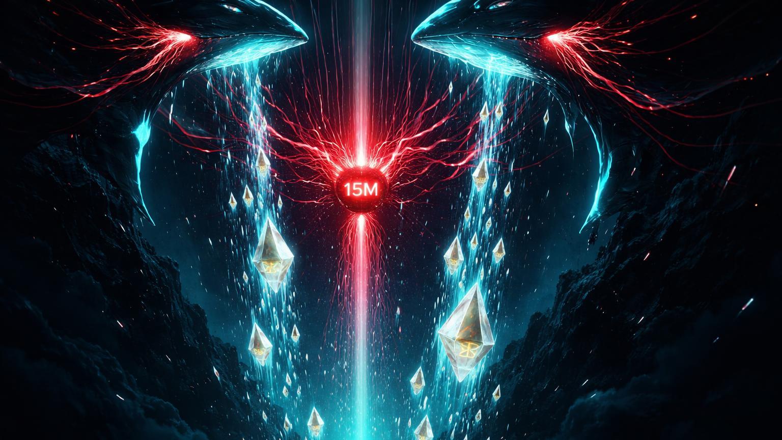 Silhuetas de baleias cyberpunk liberando cristais ETH em queda com núcleo vermelho de lucro short, ilustrando movimentos on-chain bearish