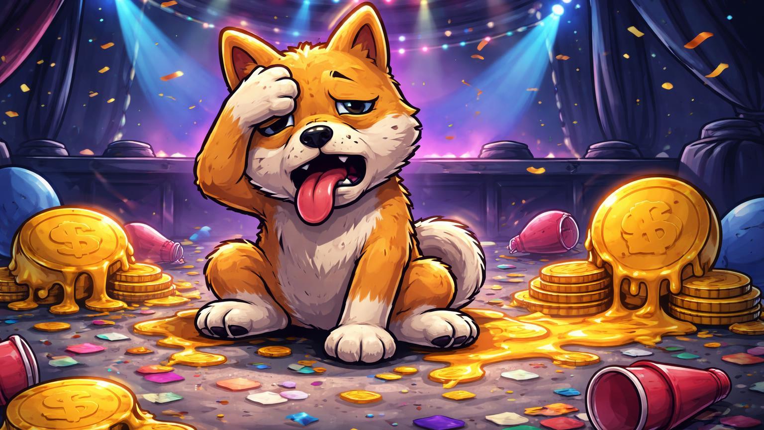 Cachorro cartoon memecoin com ressaca entre balões murchos e moedas derretendo, satirizando tombo de 18% no BONK e memecoins