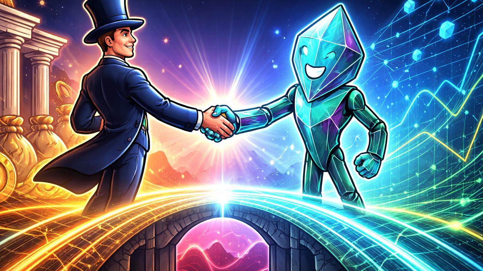 Personagens cartoon de banqueiro e avatar Solana se cumprimentando sobre ponte luminosa, ignorando ondas de volatilidade e simbolizando adoção institucional