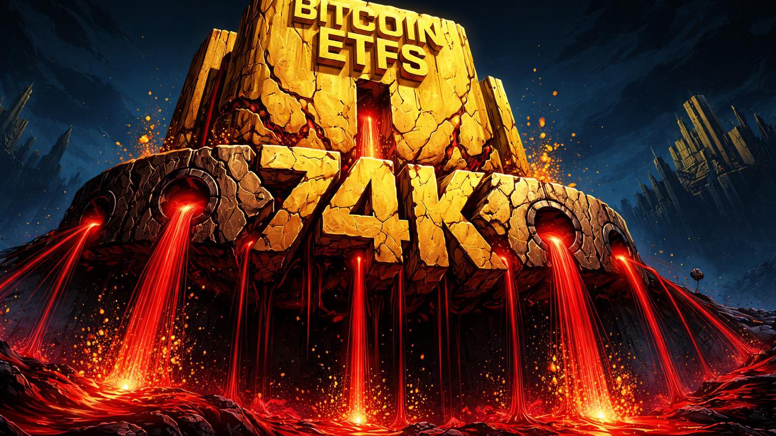 Fortaleza dourada de ETFs vertendo líquido vermelho por drenos, com '74K' rachado na base, simbolizando saídas bilionárias e queda do Bitcoin
