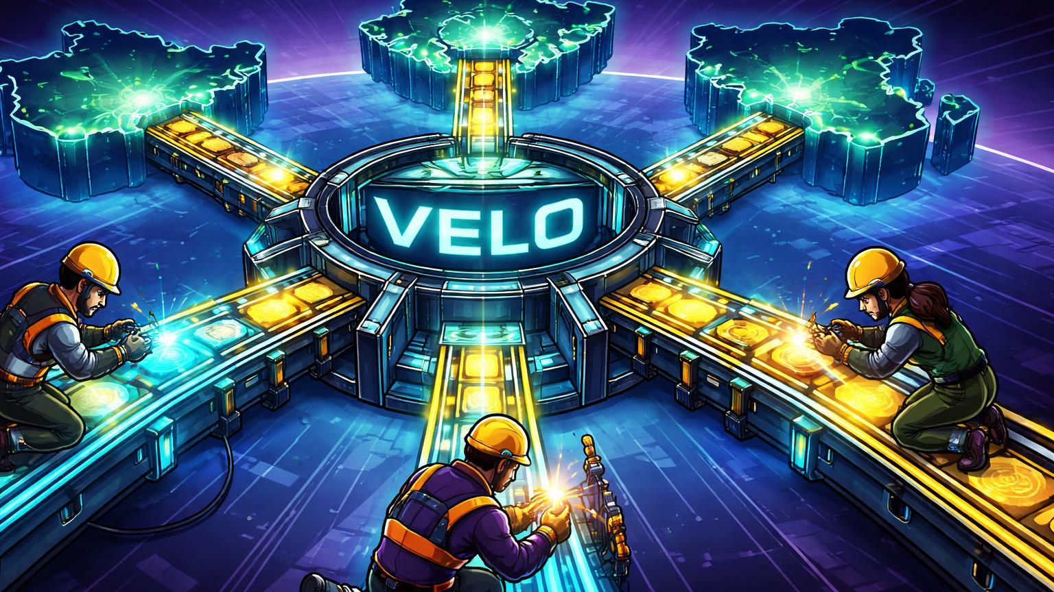 Personagens cartoon conectando trilhos digitais luminosos em hub VELO central entre regiões BRICS, simbolizando infraestrutura para pagamentos cross-border