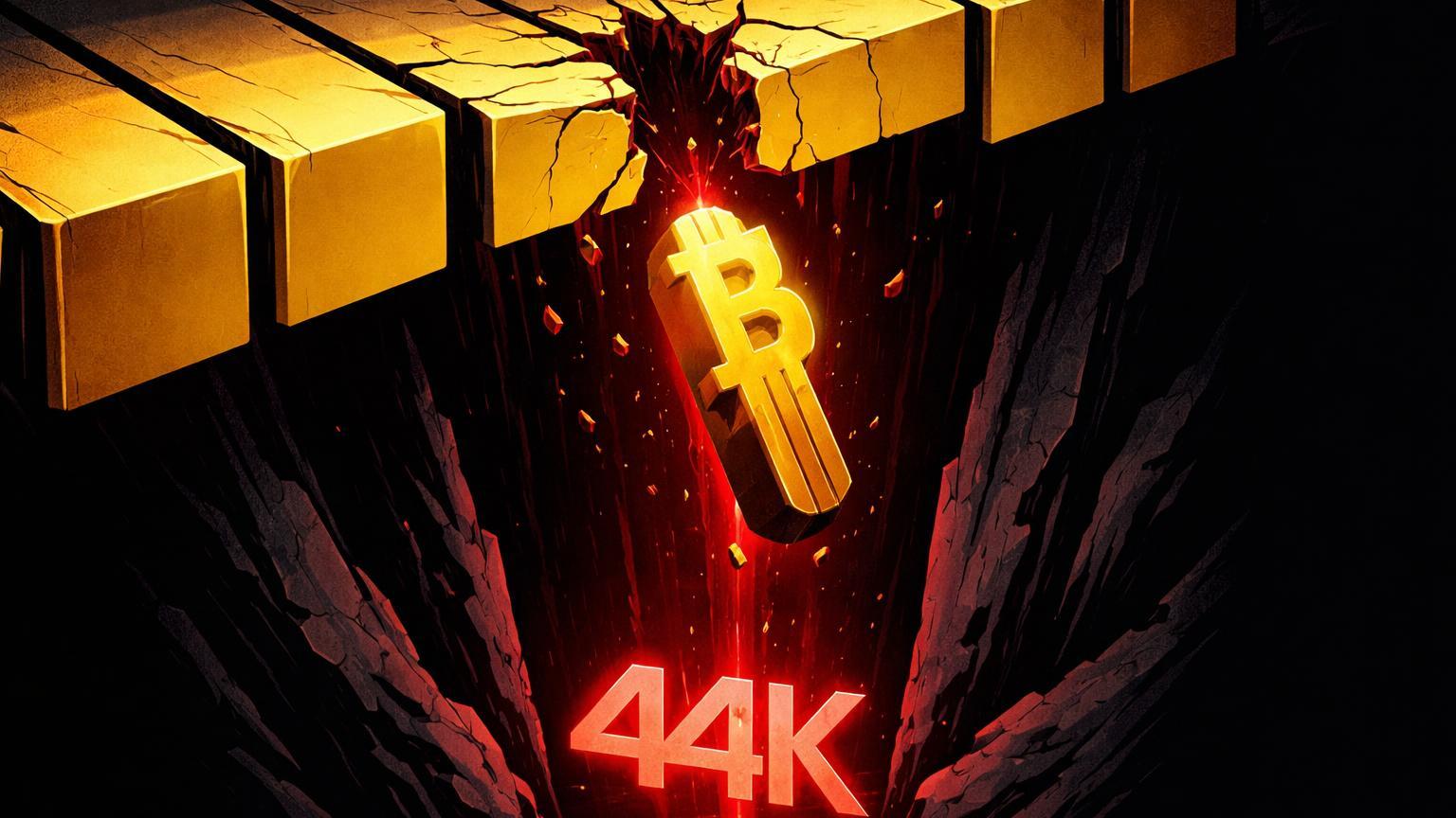 Pilares de suporte técnico bold quebrando com monolito Bitcoin caindo rumo a '44K' no abismo, prevendo capitulação bearish