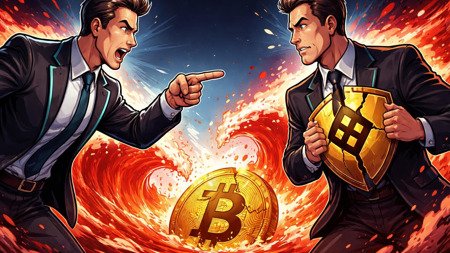 Executivos cartoon de exchanges em confronto acalorado, com ondas vermelhas de liquidações engolindo Bitcoin, ilustrando culpa no crash de US$ 19 bi