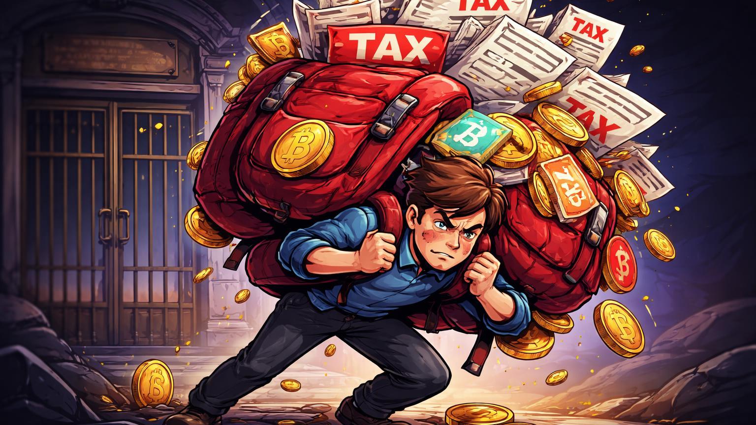 Investidor cartoon curvado sob enorme mochila de impostos esmagando criptomoedas, simbolizando tributação pesada mantida pelo governo indiano em 2026