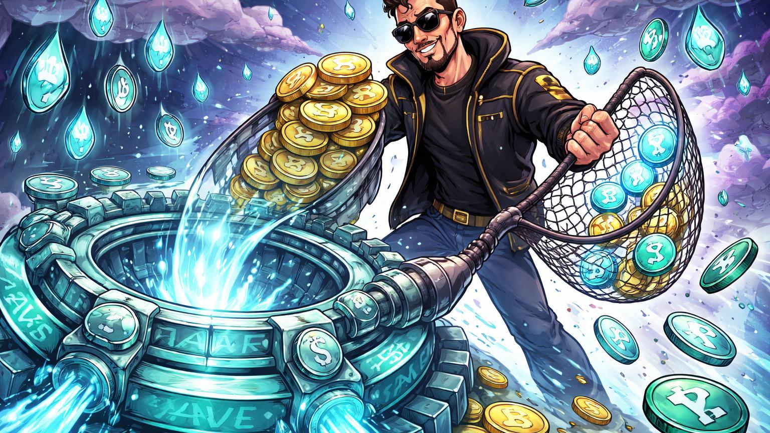 OG cartoon confiante alavancando ETH em pool Aave durante dip, capturando mais ETH com rede, simbolizando apostas de whales no Ethereum