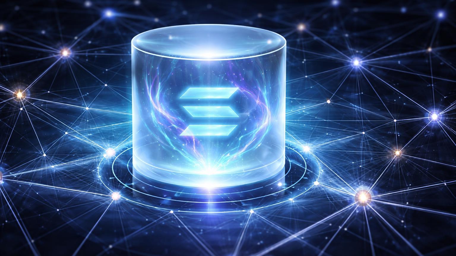 Câmara de vidro fosco translúcido em rede Solana com fluxos DeFi encriptados borrados, simbolizando mainnet privada da Arcium