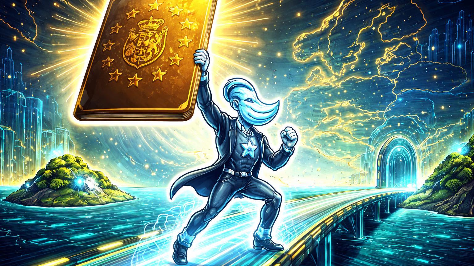 Personagem Ripple cartoon com ondas de energia segurando passaporte UE dourado com selo Luxemburgo, cruzando ponte para Europa digital