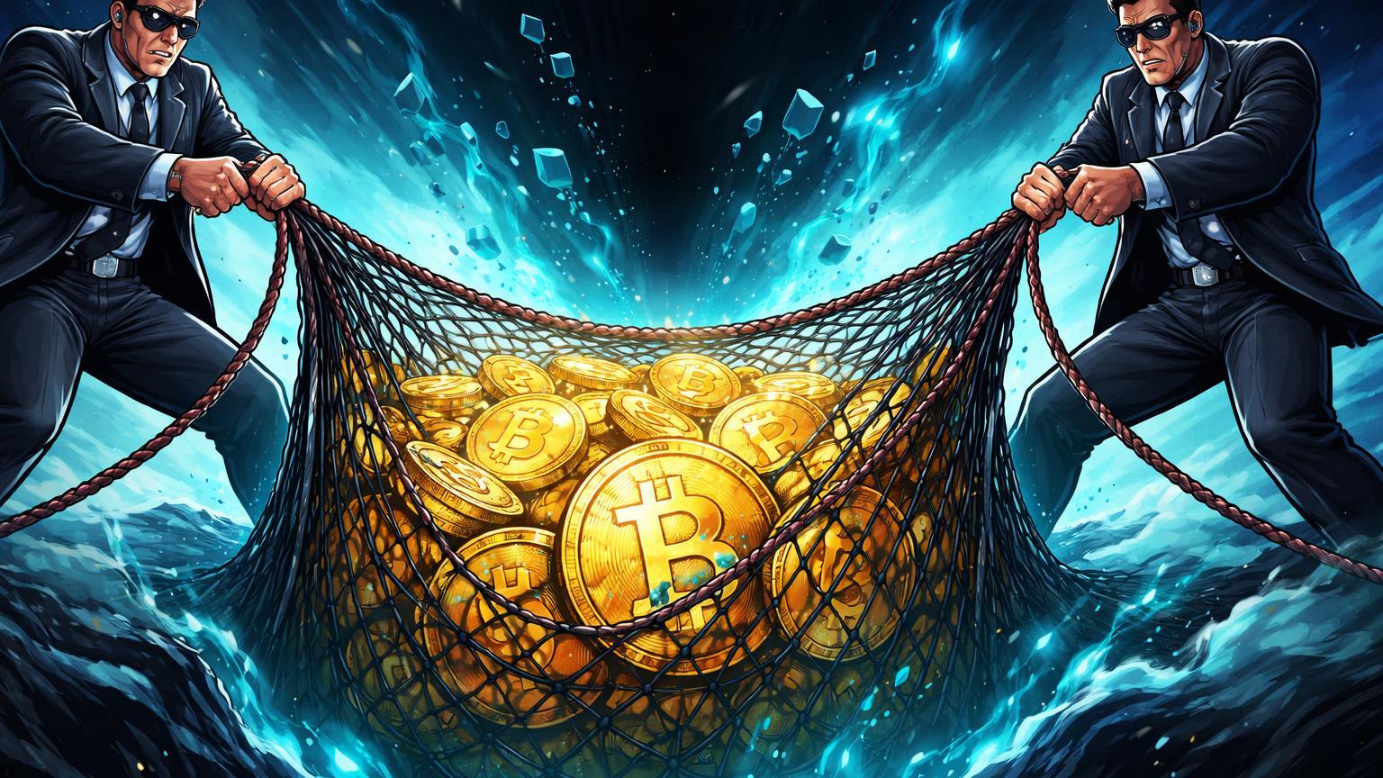 Agentes governamentais cartoon puxando rede com Bitcoins dourados de abismo digital, simbolizando confisco de US$ 400 mi pelo governo EUA em mixer Helix