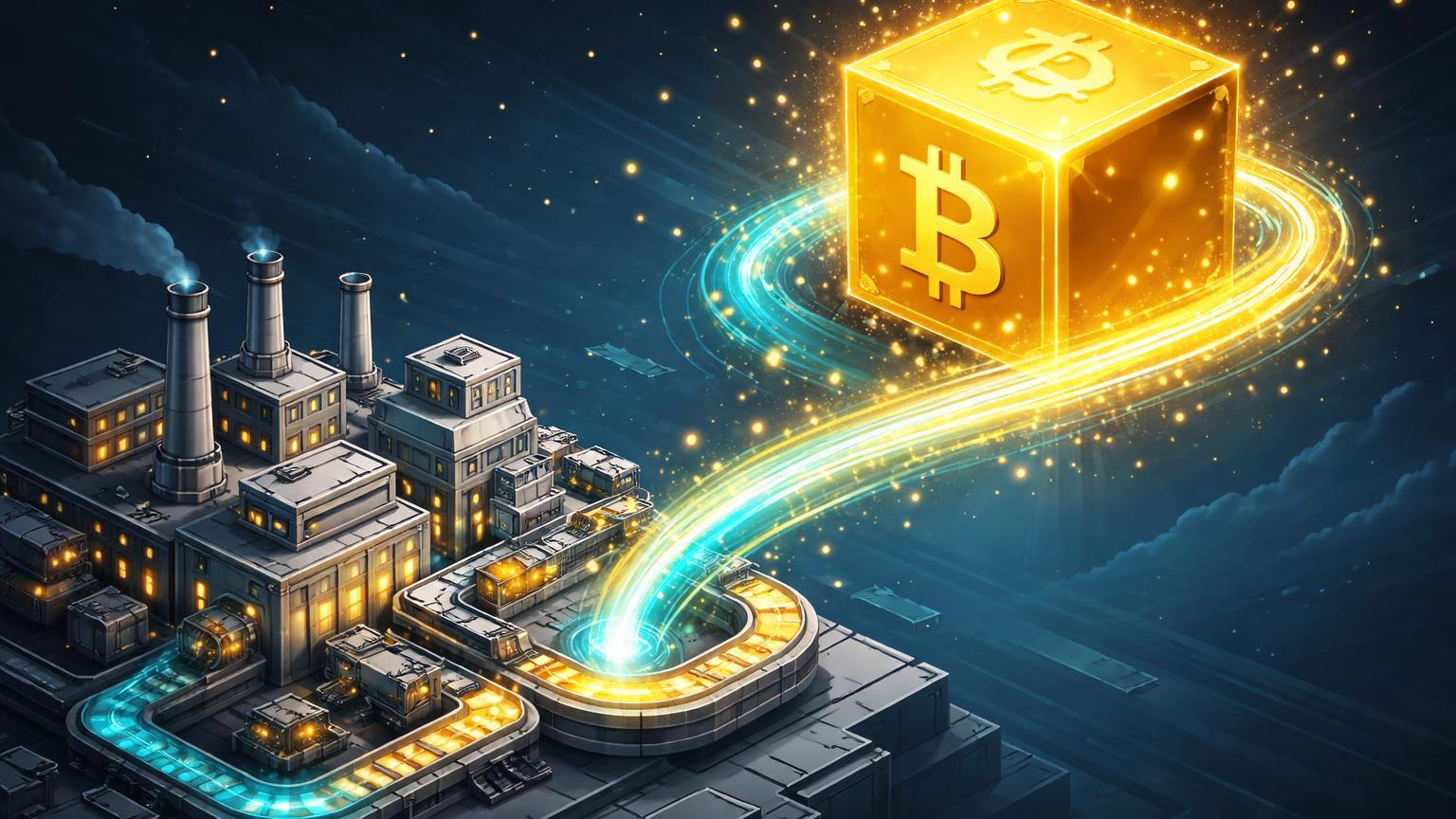 Fábrica isométrica expelindo energia dourada e cyan que eleva bloco Bitcoin no céu, simbolizando impulso do PMI EUA na recuperação cripto