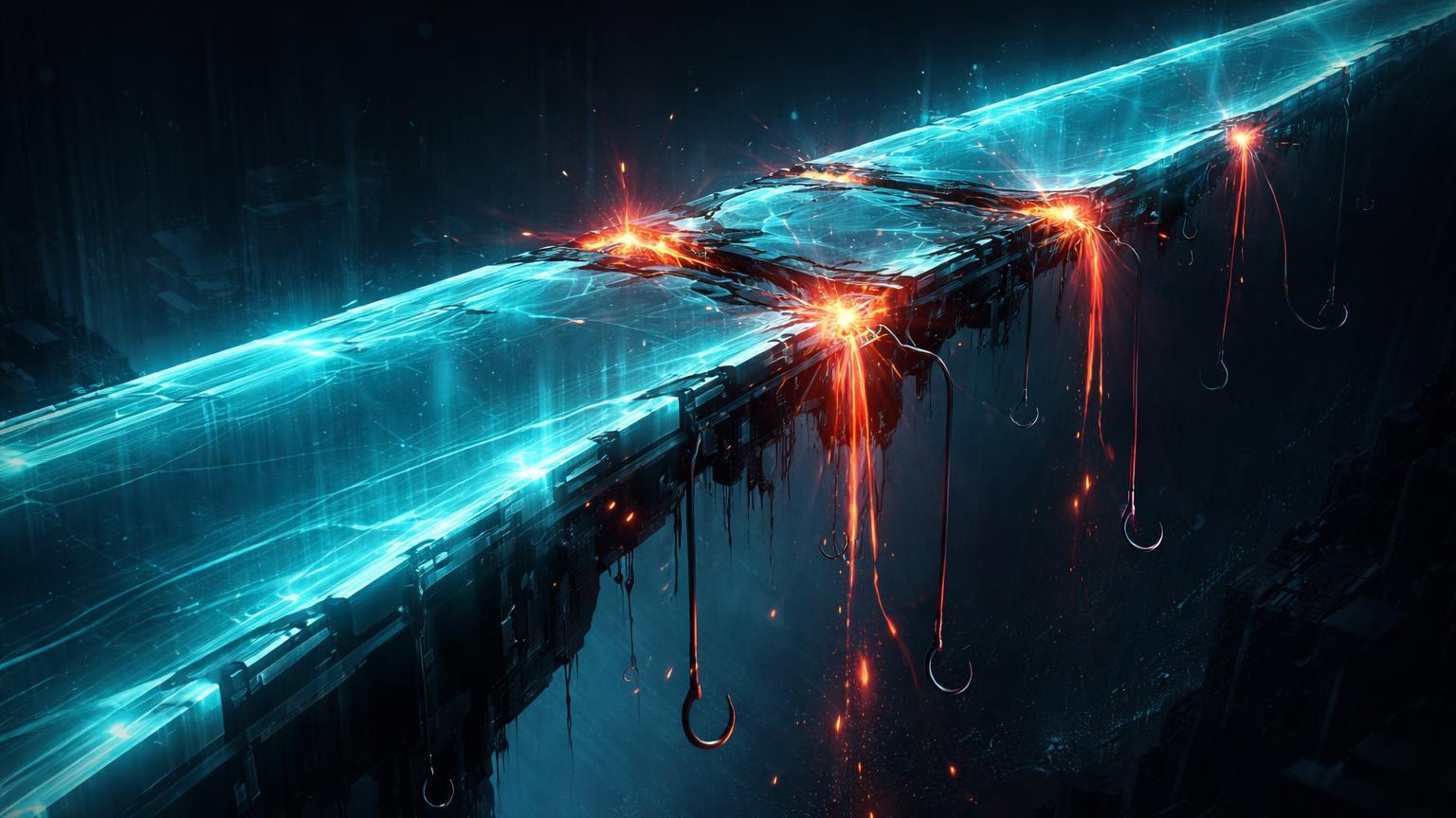 Ponte etérea cyan com múltiplas brechas vermelhas vazando energia, simbolizando explosão de phishing em bridges DeFi com US$ 370 mi roubados