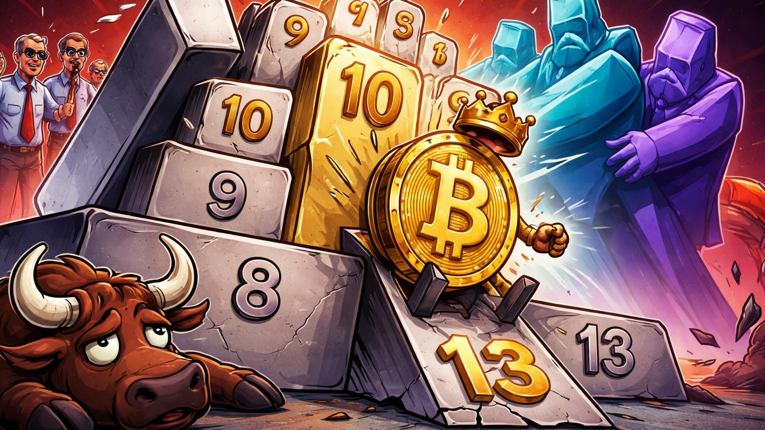 Pódio top 10 com monólito Bitcoin expulso para 13º por prata e gigantes tech, touro abatido e analistas cartoon alertando sobre bear market