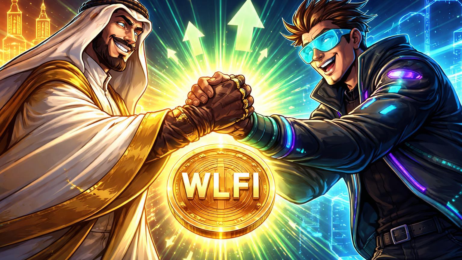 Personagens cartoon sheikh árabe e figura cripto-tech apertando mãos sobre token WLFI luminoso, celebrando investimento de US$ 250 mi nos EAU