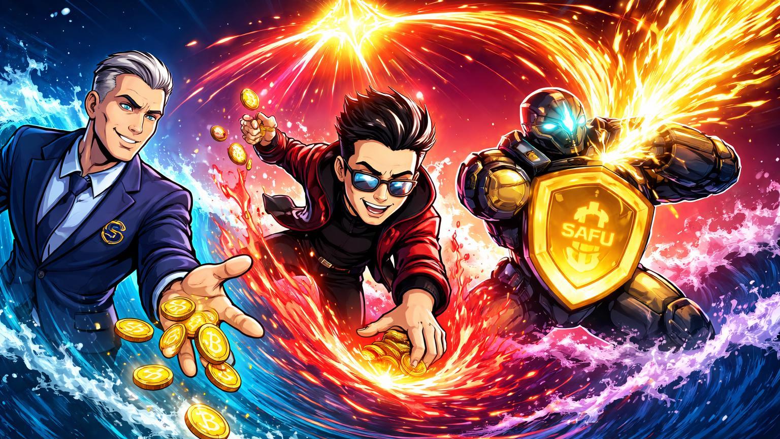 Personagens cartoon de baleias cripto coletando energia dourada em mar de queda vermelha, ilustrando compras agressivas de Saylor, Sun e Binance no dip do Bitcoin