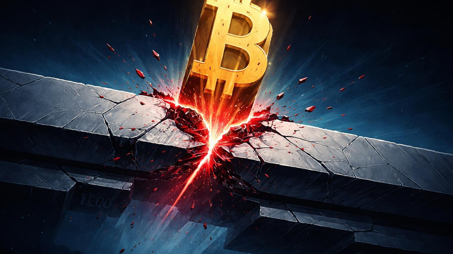 Barreira geométrica bold rachando com monolito Bitcoin rompendo, simbolizando quebra da SMA 100 semanas e alerta para suportes em 60-68k