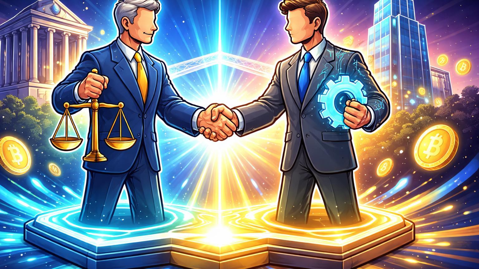 Personagens cartoon de SEC e CFTC apertando mãos sobre plataforma digital luminosa, simbolizando paz regulatória no Project Crypto