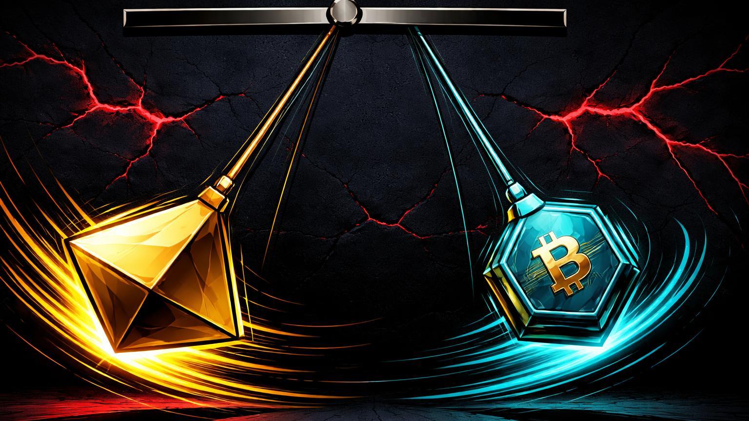 Pêndulos brutalistas com massa dourada oscilando violentamente sobre cyan estável, ilustrando ouro mais volátil que Bitcoin em pico de crise