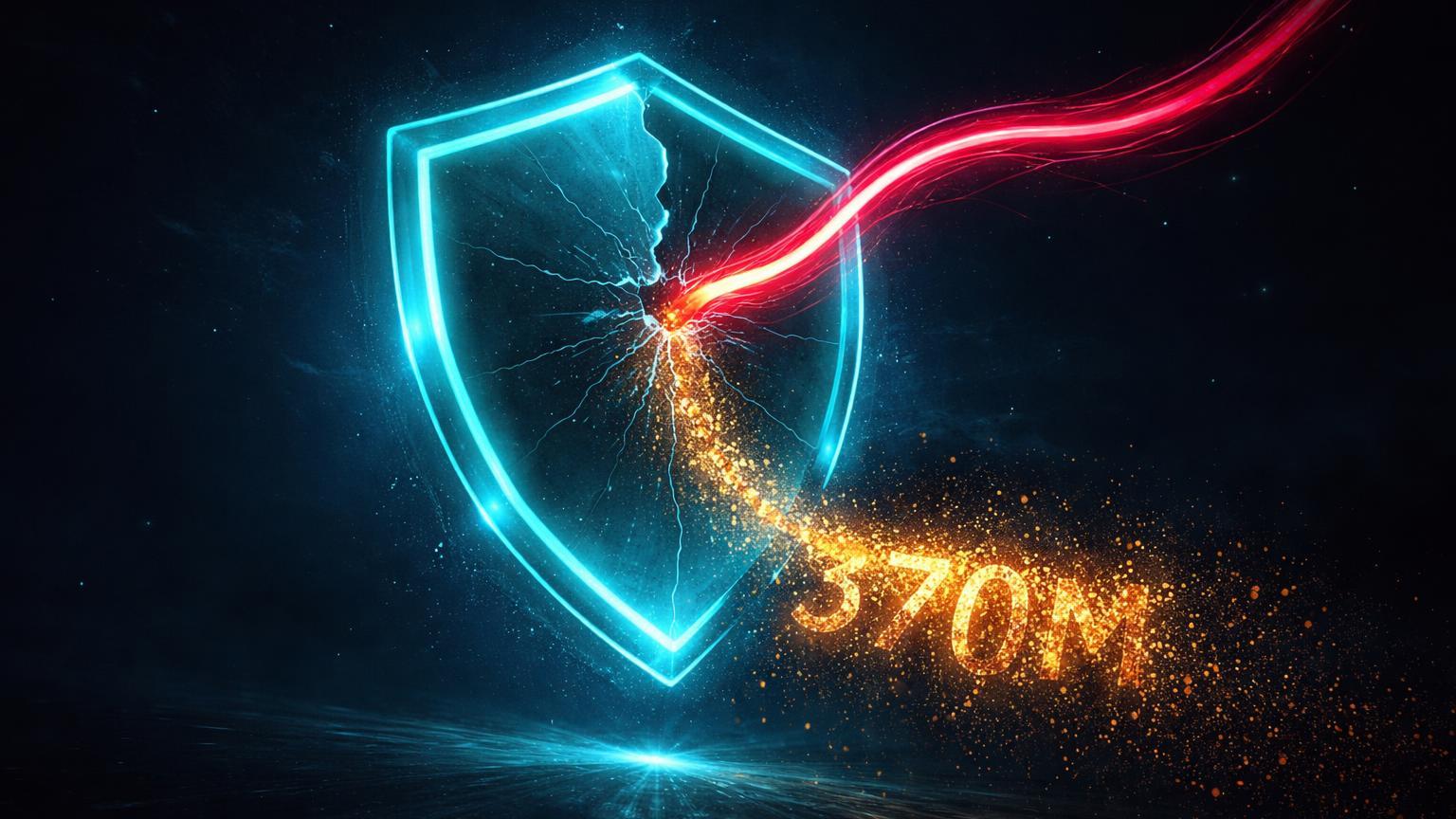Escudo de energia cyan perfurado por tentáculo phishing vermelho sugando partículas douradas '370M', alertando sobre roubo recorde em scams Trezor