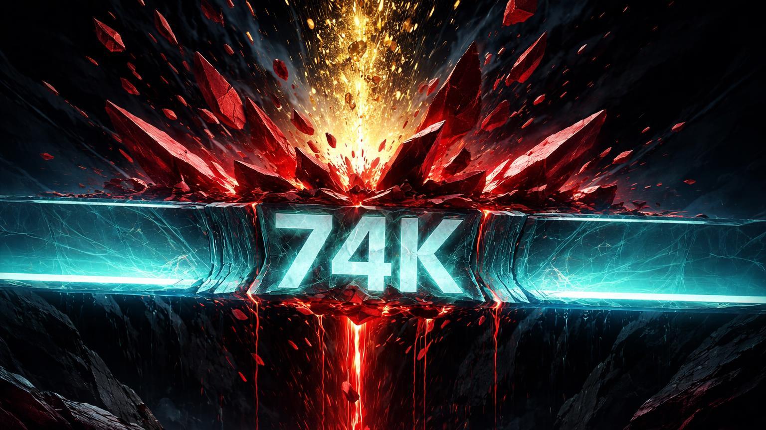 Barreira de suporte 74K rachando sob avalanche vermelha de liquidações, simbolizando perda de US$ 290 bi no 10º maior crash cripto