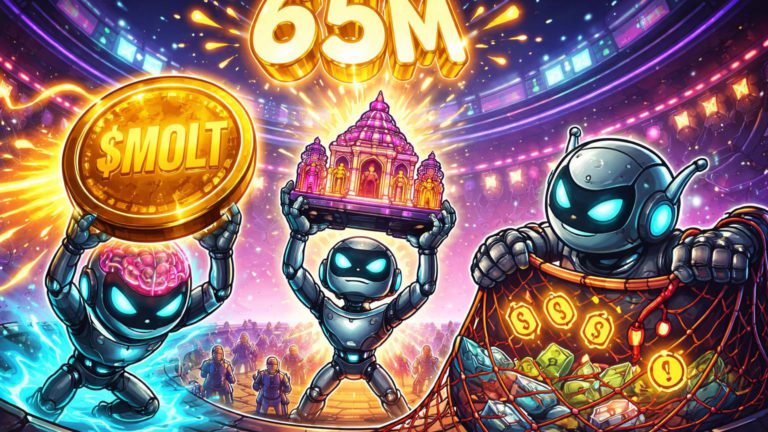 IAs cartoon criando memecoin $MOLT com 65M, templos digitais e armadilhas em arena caótica, satirizando loucura em Moltbook