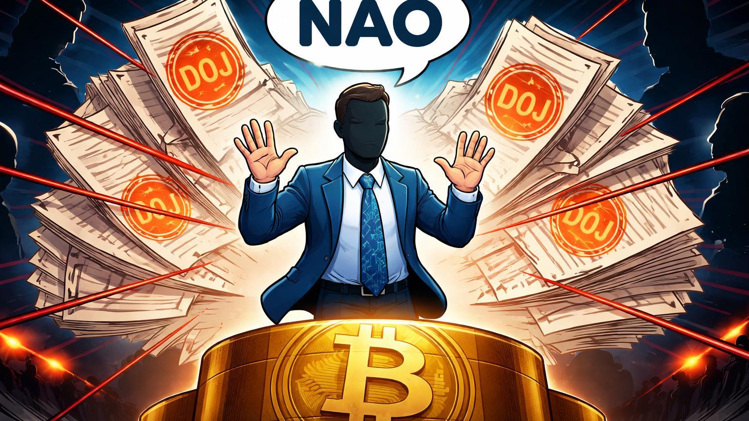 Executivo cartoon da elite Bitcoin negando laços enquanto documentos DOJ revelam conexões sombrias, ilustrando controvérsia Epstein-Back