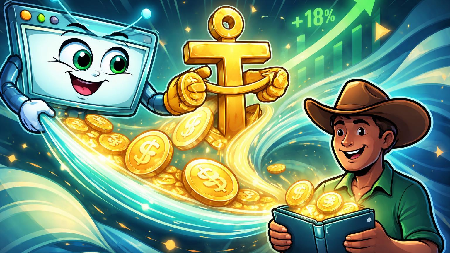 Personagens cartoon de navegador e âncora Tether canalizando USDT para usuário, simbolizando integração fácil na Opera para remessas no Brasil