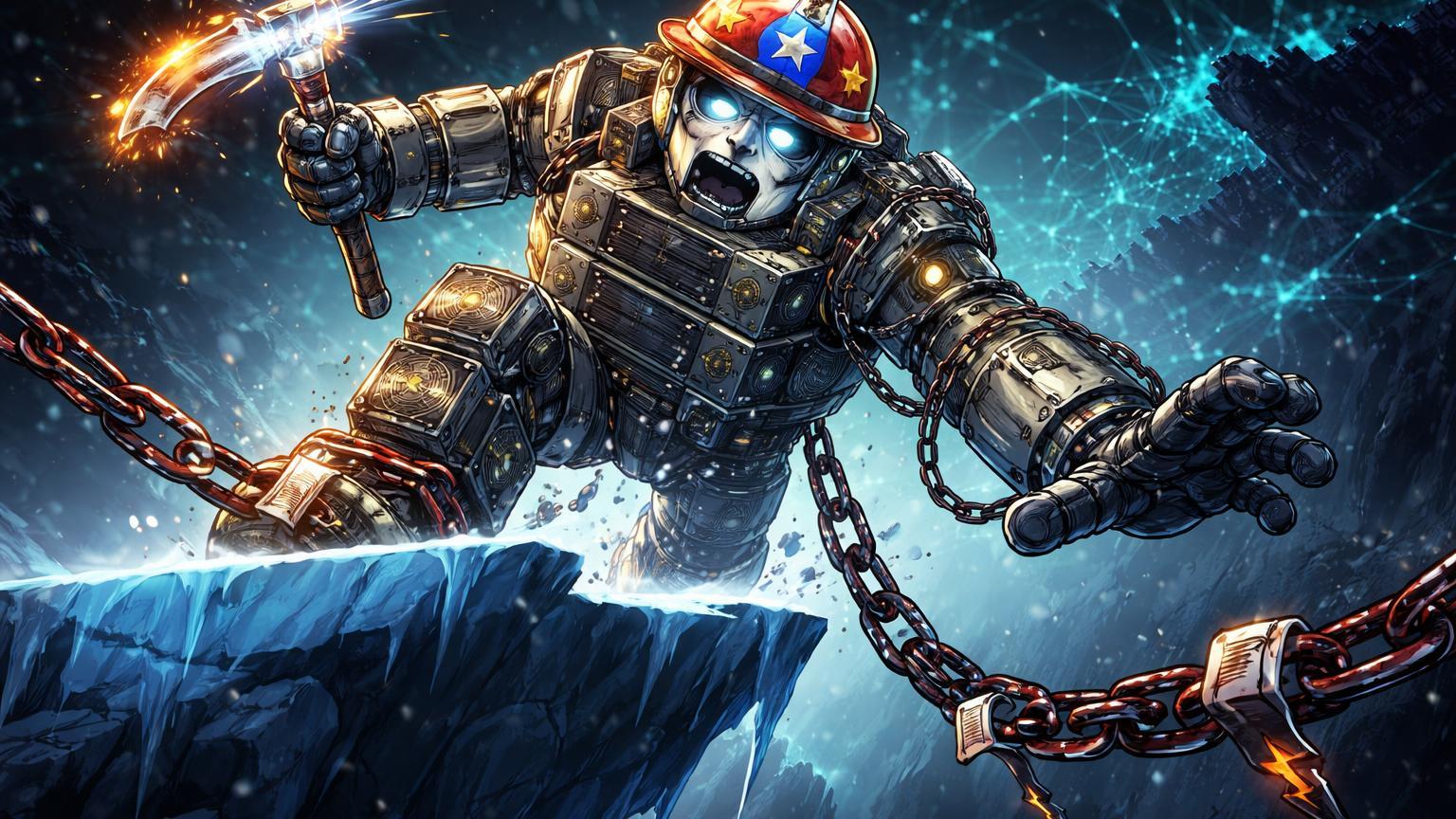 Titão cartoon de mineradora russa tropeçando em plataforma gelada sob correntes de sanções, simbolizando falência da BitRiver e impacto no hashrate global