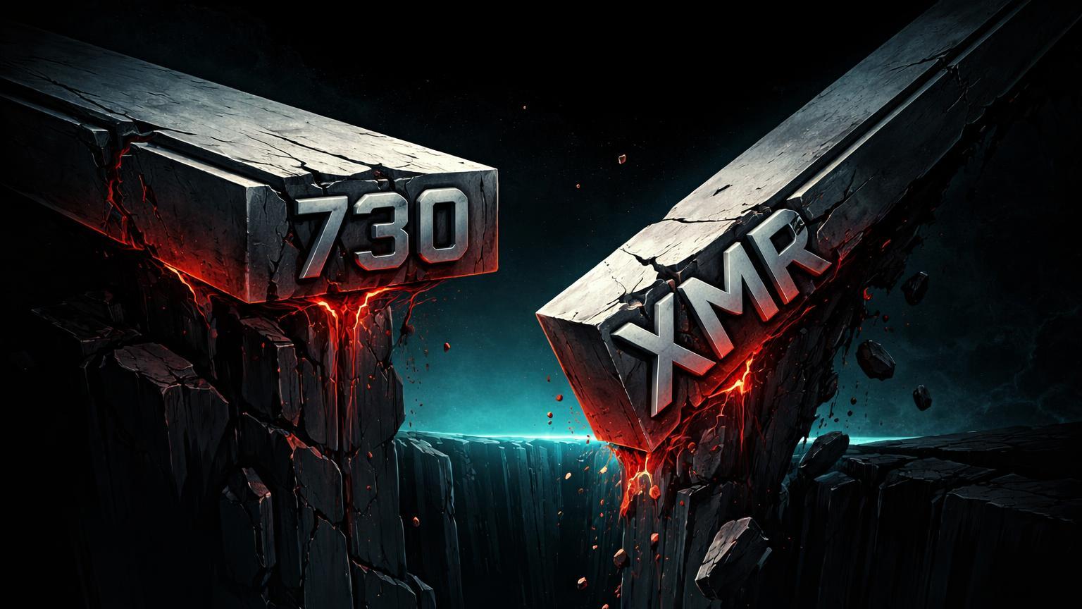 Vigas geométricas bold rachadas com marcas 730 e XMR no limite do abismo, simbolizando suportes decisivos testados por BNB e Monero