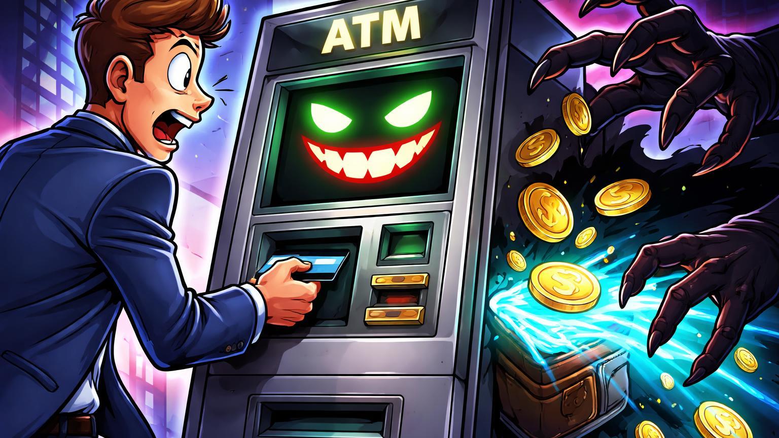 Usuário cartoon inserindo cartão em ATM cripto sorridente com garras ocultas sugando moedas, alertando golpes em caixas Bitcoin no Arizona
