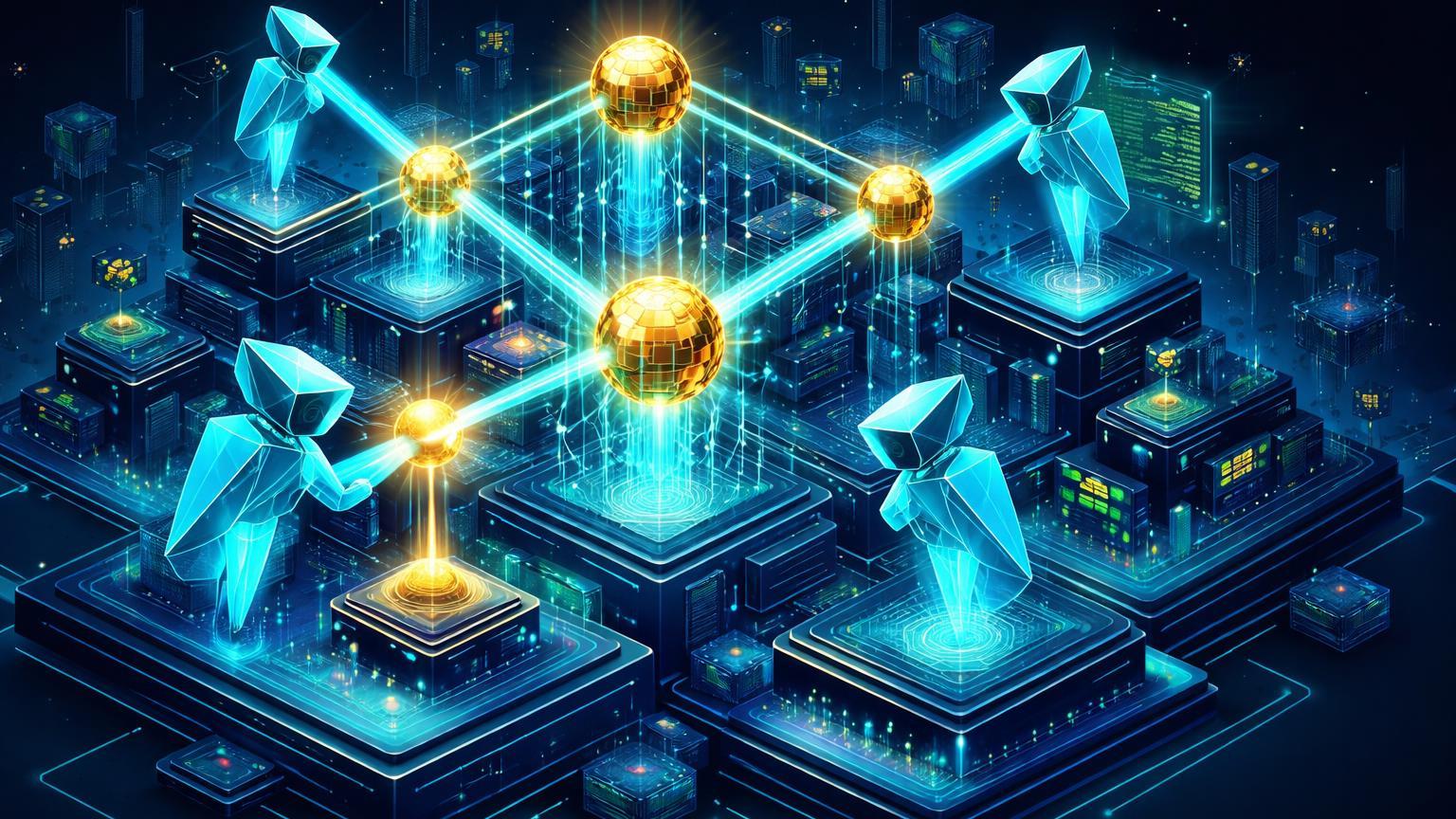 Agentes IA prismáticos autônomos conectando nós dourados em ecossistema Web3 isométrico, revolucionando desenvolvimento com OpenClaw e Codex